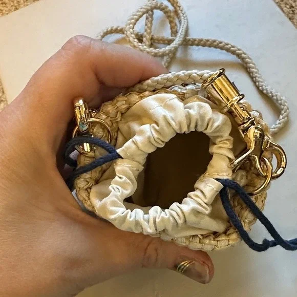 Christian Dior Wicker Bucket Bag Mini Straw Crossbody Navy Blue Natural GWP - Picture 4 of 7